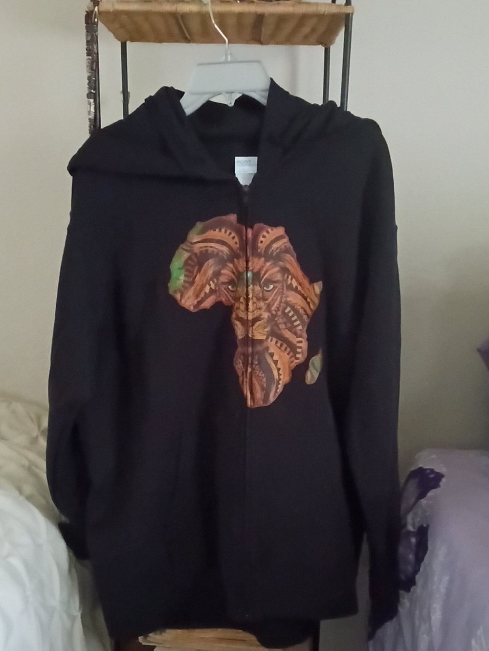 Black Zip Hoodie with African Lion Art